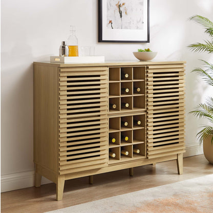 Natural oak bar cabinet with slatted doors and a central grid wine rack for bottle storage, in a mid-century modern style.