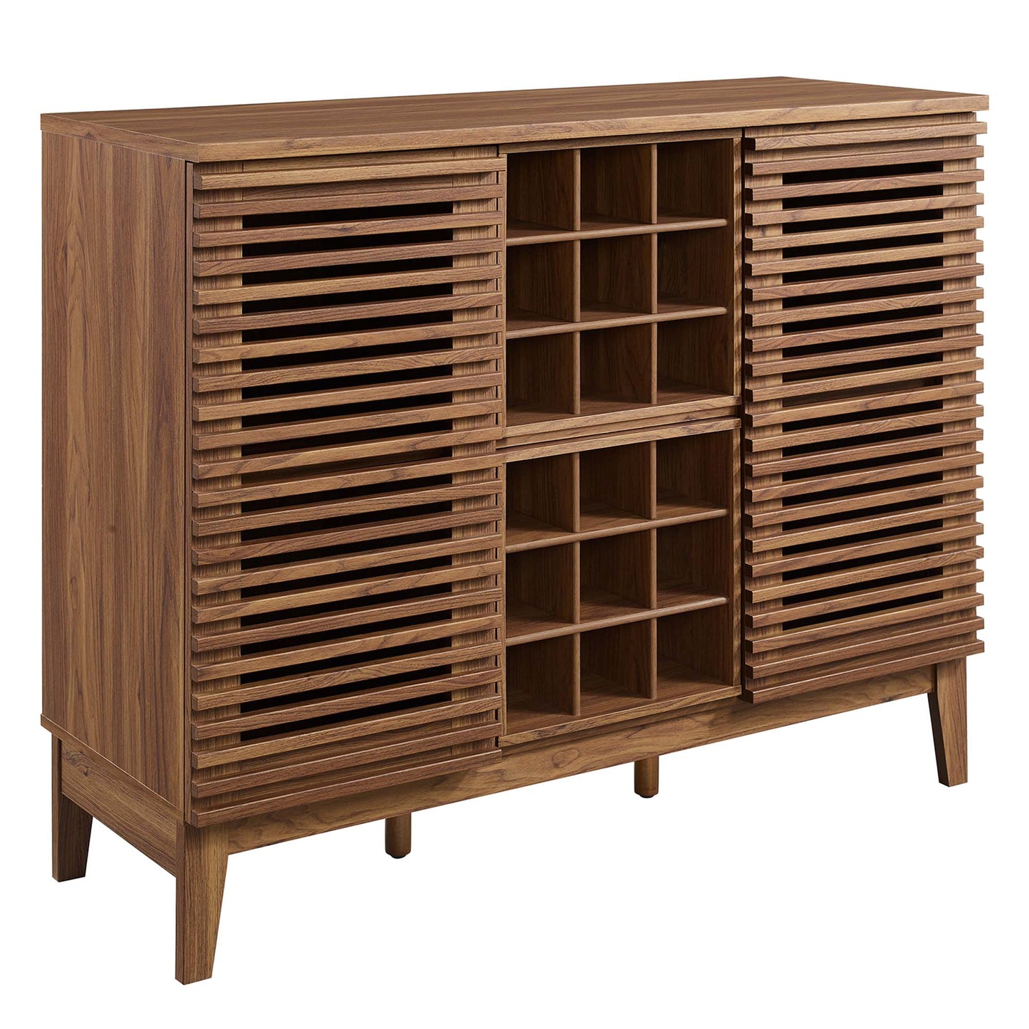 Walnut wood bar cabinet with louvered doors and central wine rack cubbies, mid-century style with tapered legs