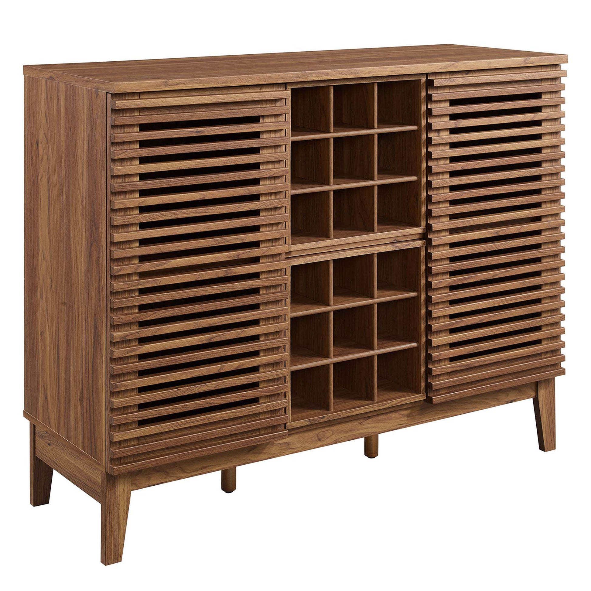 Walnut wood bar cabinet with louvered doors and central wine rack cubbies, mid-century style with tapered legs
