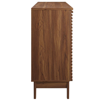 Tall walnut wood bar cabinet with vertical grain, raised legs, and a right-side slatted panel with a bottom drawer.