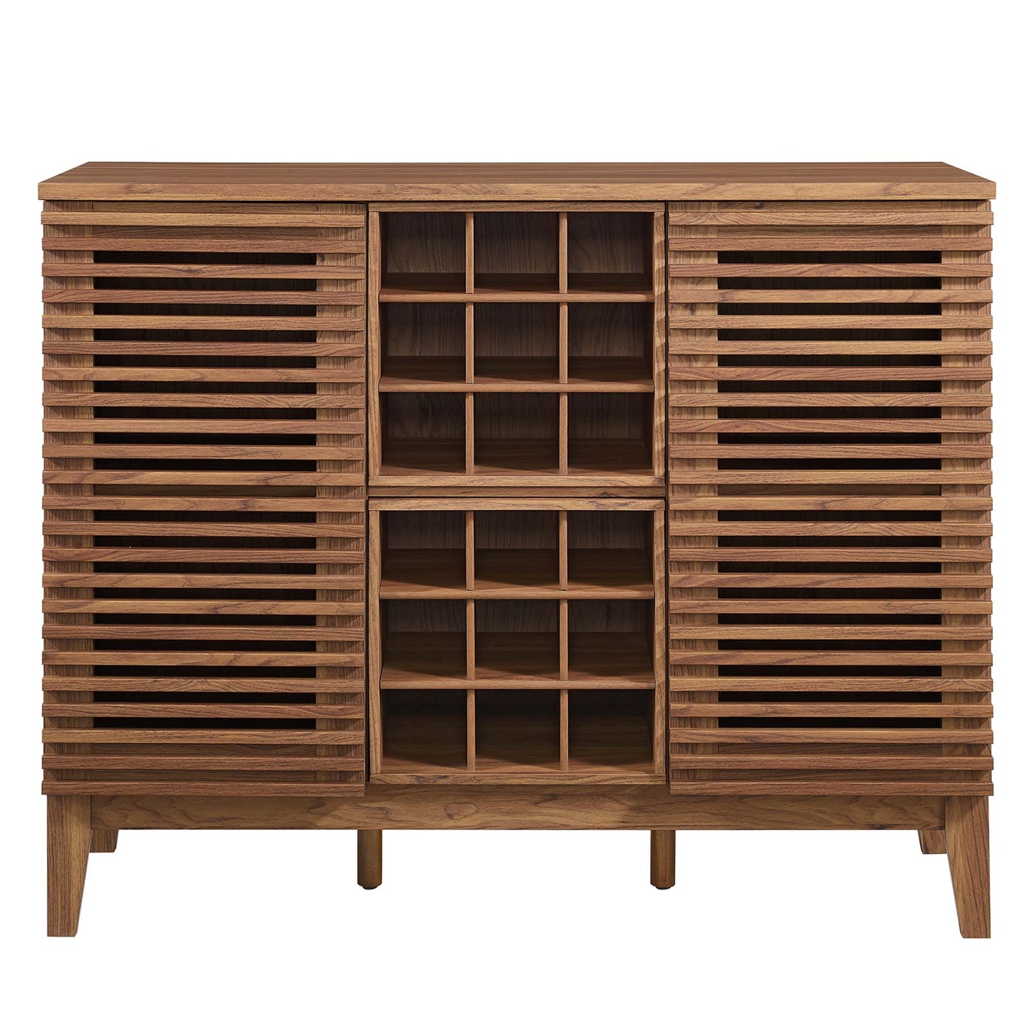 Walnut-finish bar cabinet with slatted doors on both sides and a central grid of wine racks.