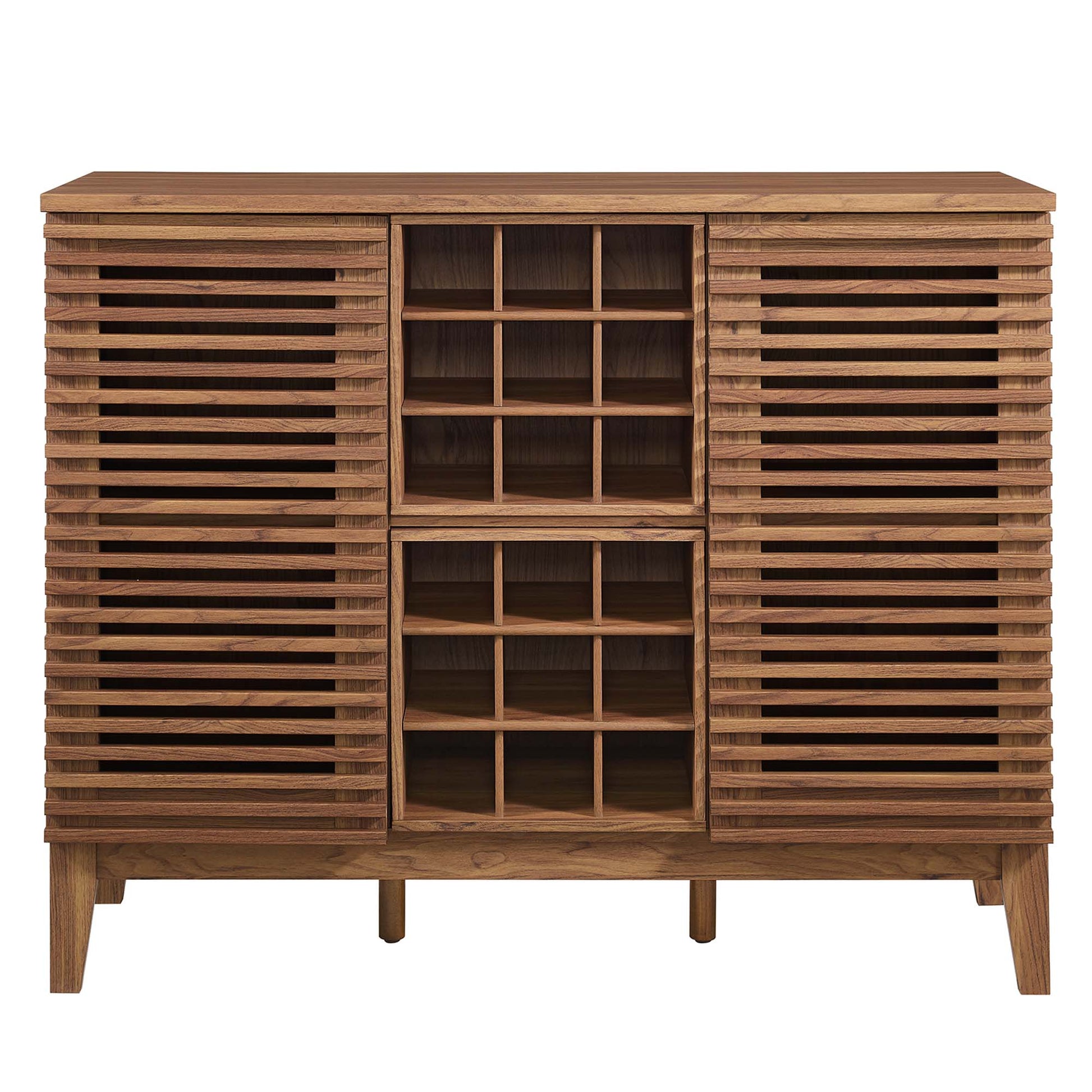 Walnut-finish bar cabinet with slatted doors on both sides and a central grid of wine racks.