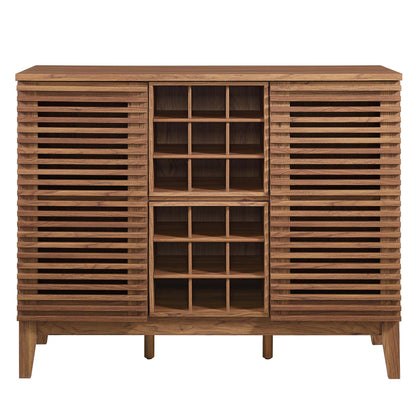 Walnut-finish bar cabinet with slatted doors on both sides and a central grid of wine racks.