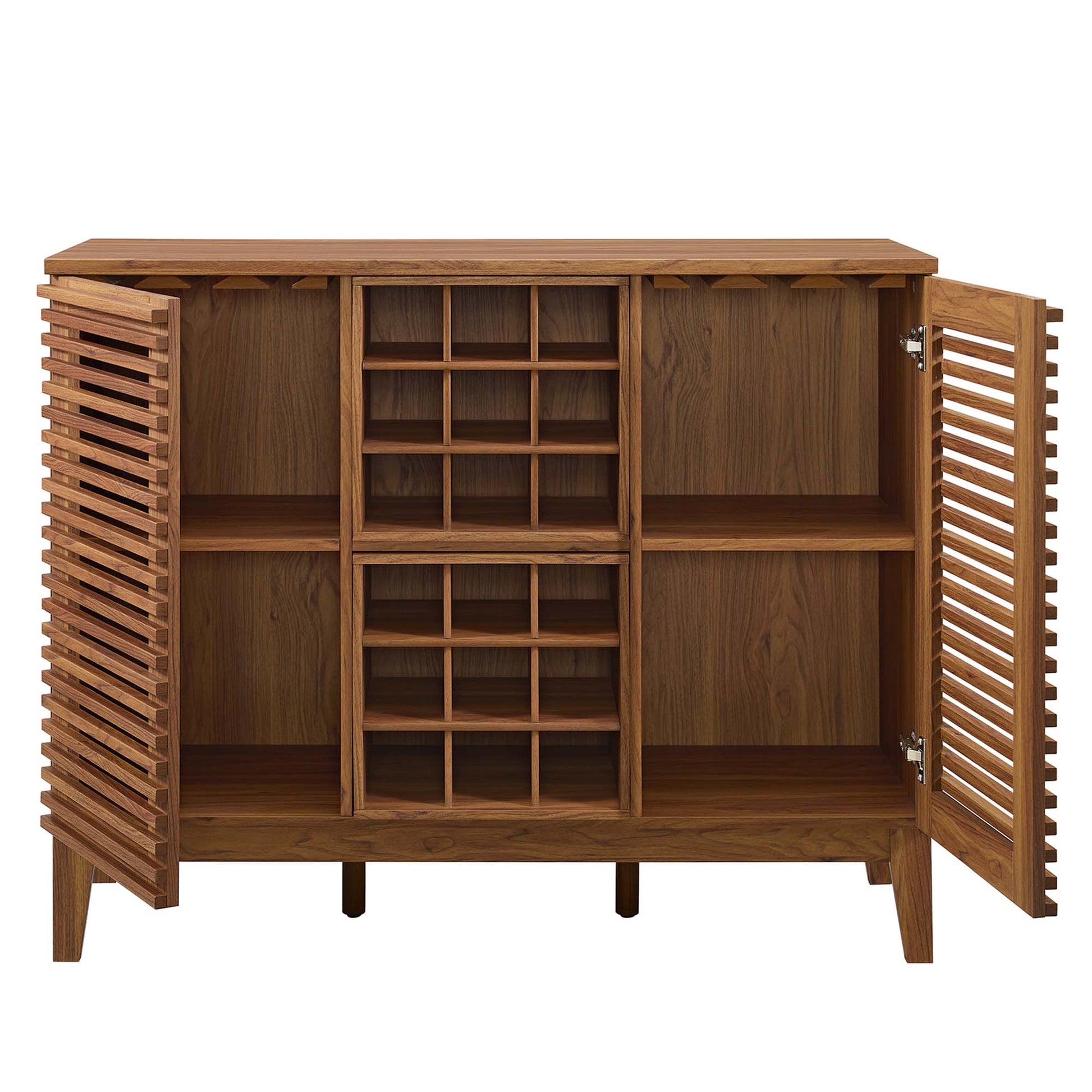 Walnut wooden bar cabinet with slatted doors, central grid wine rack and side shelves.
