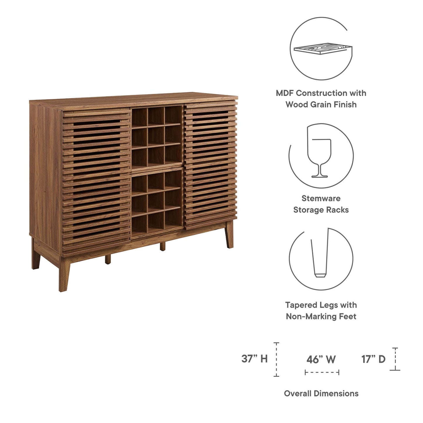 Walnut-finish MDF bar cabinet with slatted doors, bottle racks, & stemware storage, & tapered non-marking feet.