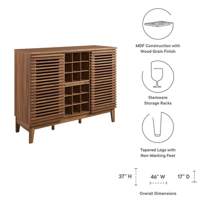 Walnut-finish MDF bar cabinet with slatted doors, bottle racks, & stemware storage, & tapered non-marking feet.
