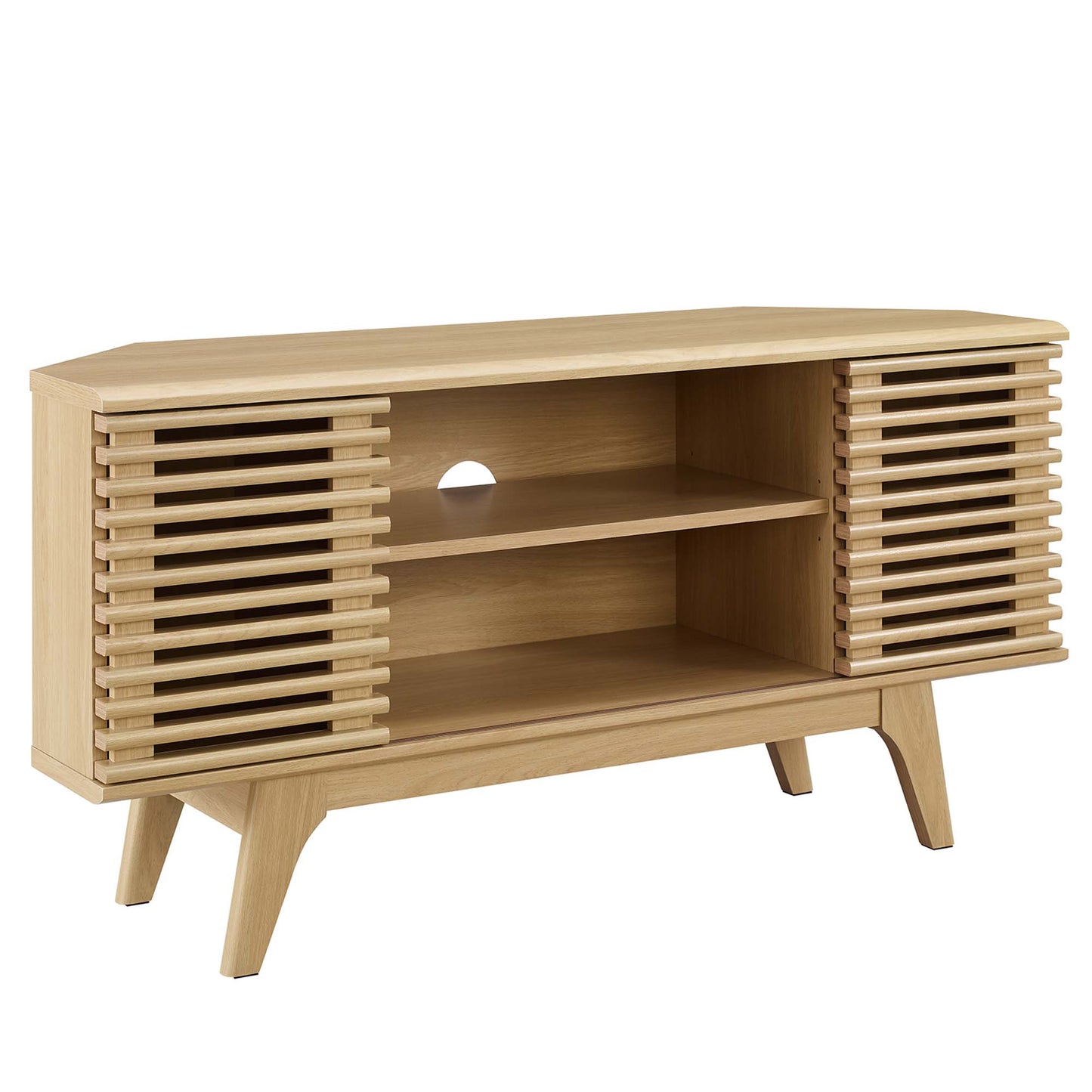 Oak mid-century corner TV stand with slatted side doors, open center shelves, cable cutout, and angled legs.