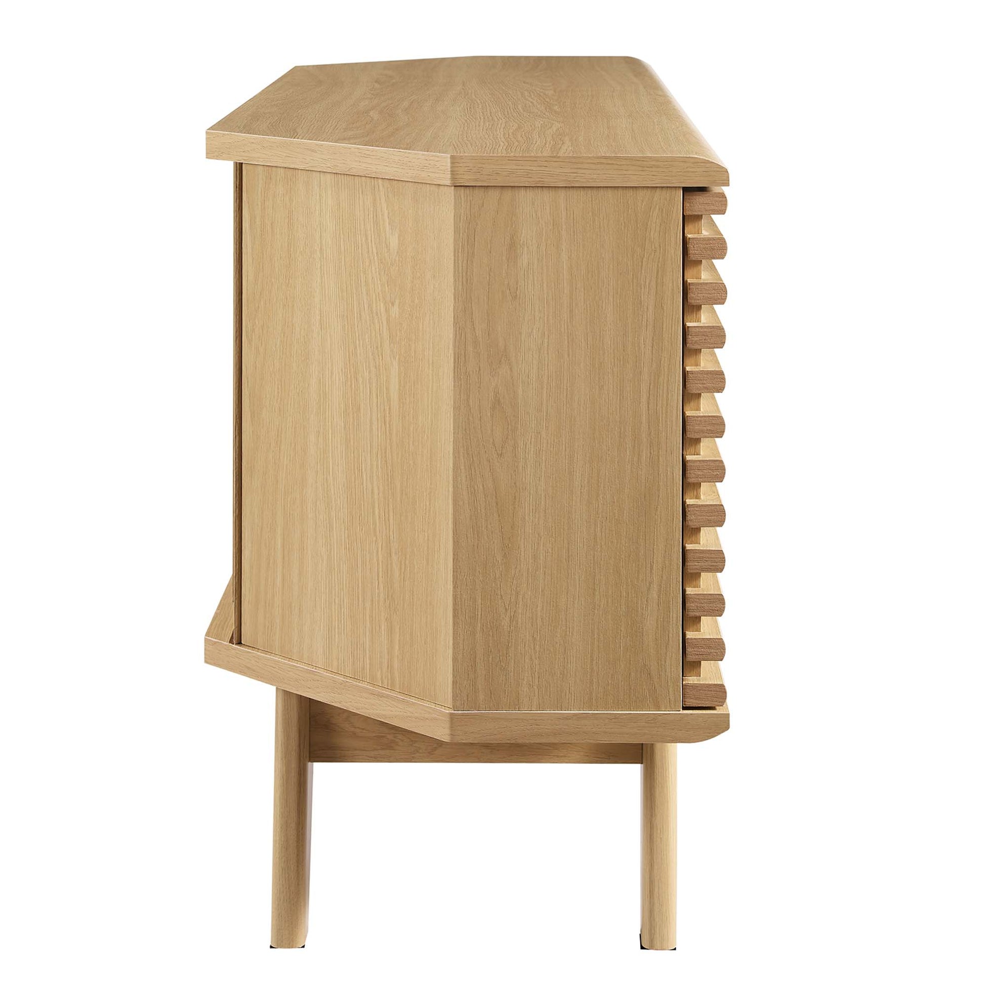 Natural oak wood corner TV stand with slatted right side, rectangular top, tapered legs.