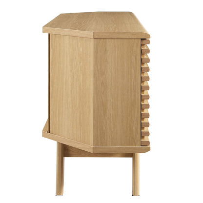 Natural oak wood corner TV stand with slatted right side, rectangular top, tapered legs.