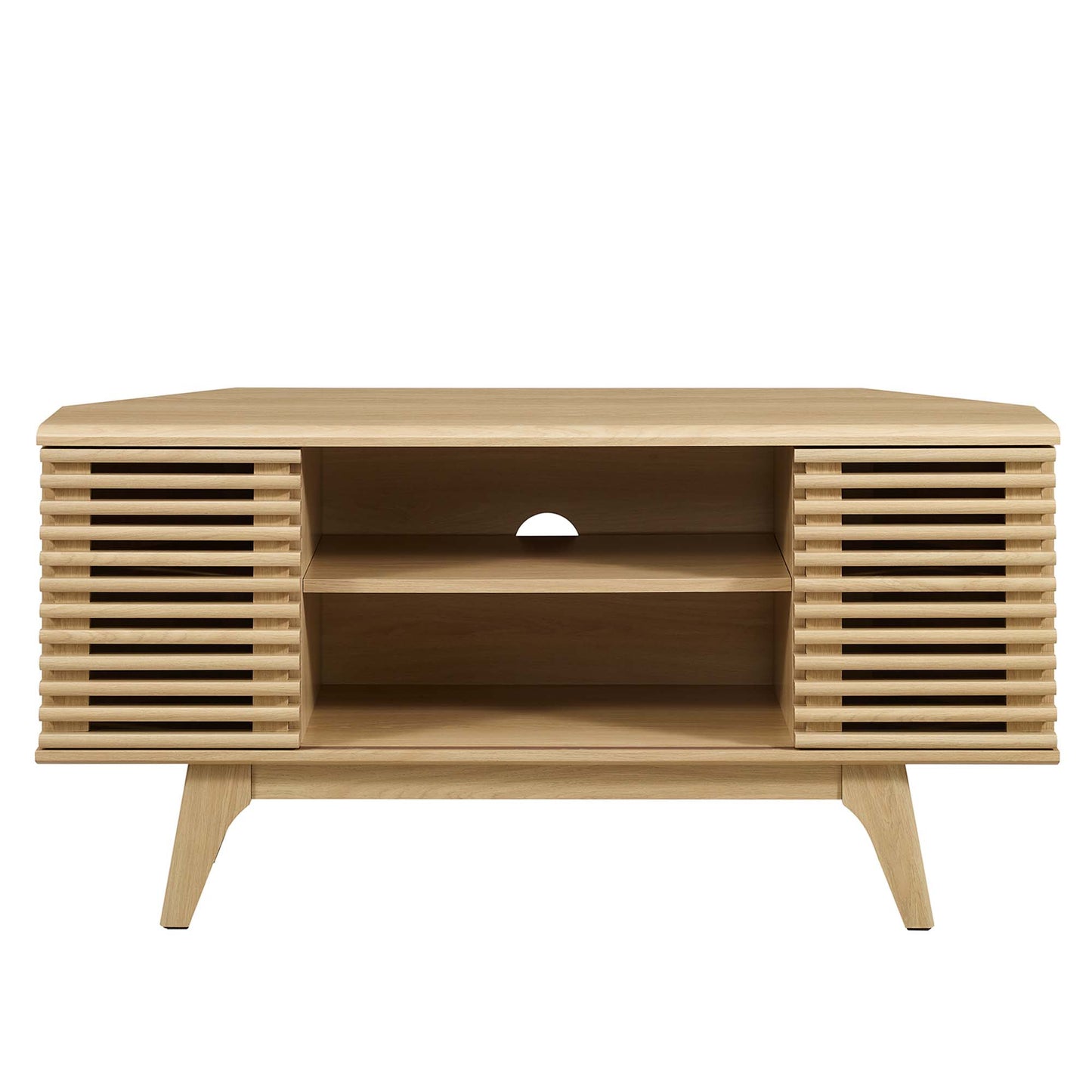 Oak corner TV stand with slatted side doors, central open shelves, angled legs, mid-century modern.