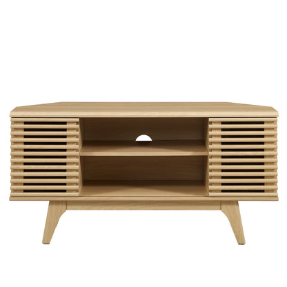 Oak corner TV stand with slatted side doors, central open shelves, angled legs, mid-century modern.