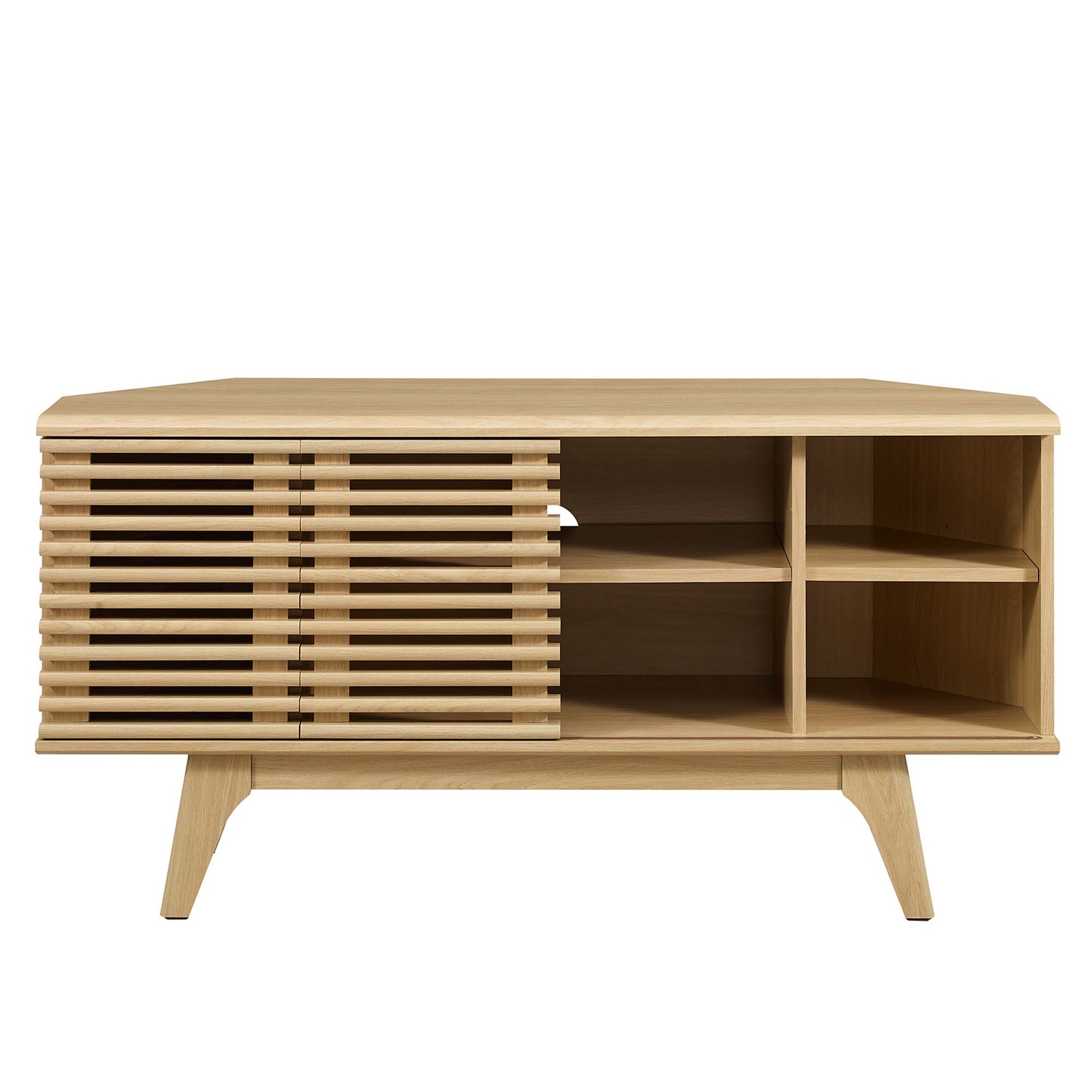 Oak wood sideboard with slatted left cabinet door, open right cubbies, and tapered legs; mid-century modern.