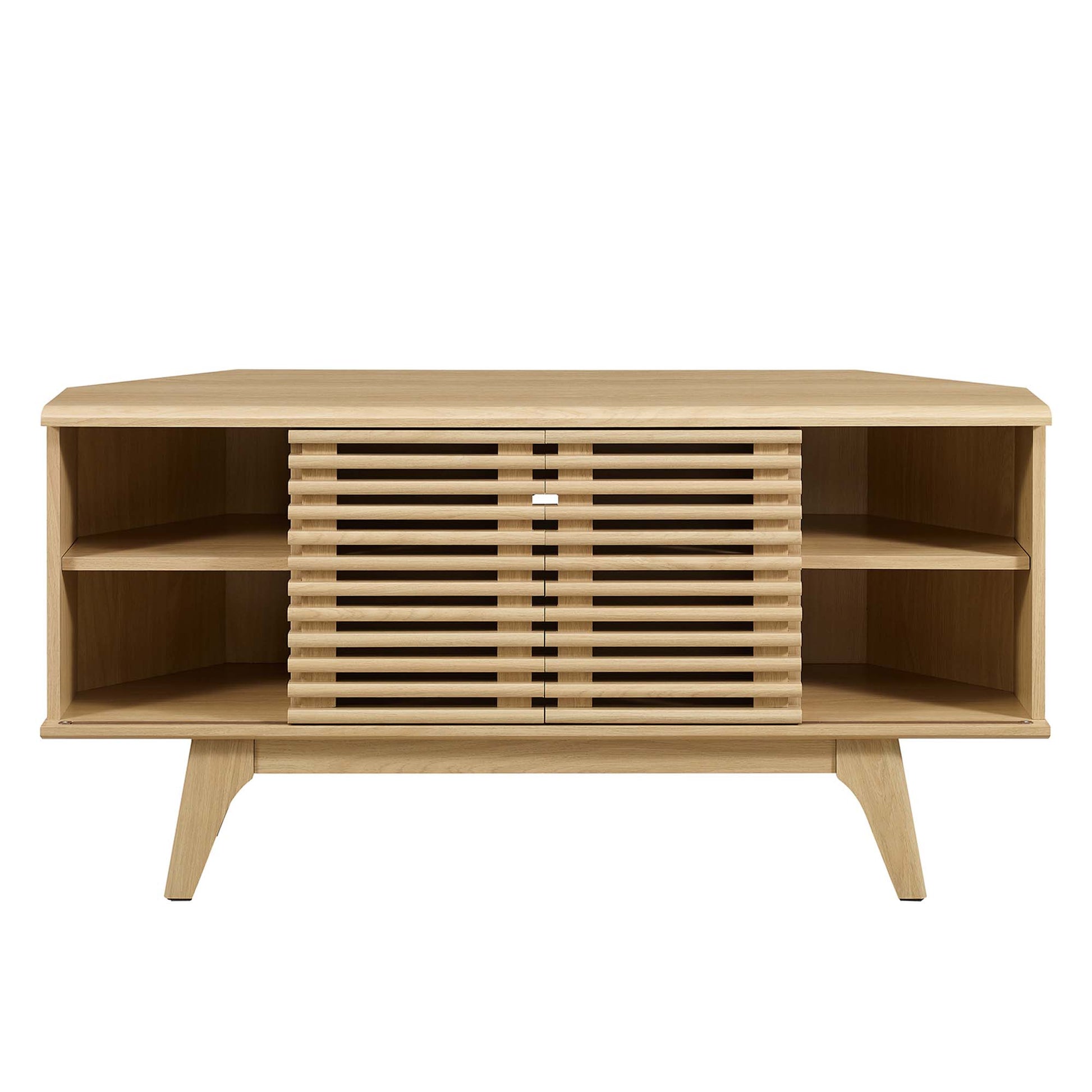 Oak wood TV stand with slatted center doors and open side shelves, mid-century modern legs.