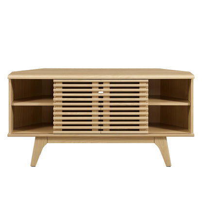 Oak wood TV stand with slatted center doors and open side shelves, mid-century modern legs.