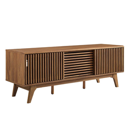 Walnut brown TV stand with vertical slat doors, central slatted panel, and angled legs.