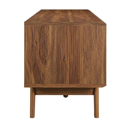 Walnut-toned mid-century TV stand with a boxy cabinet on tapered legs and a small front drawer.