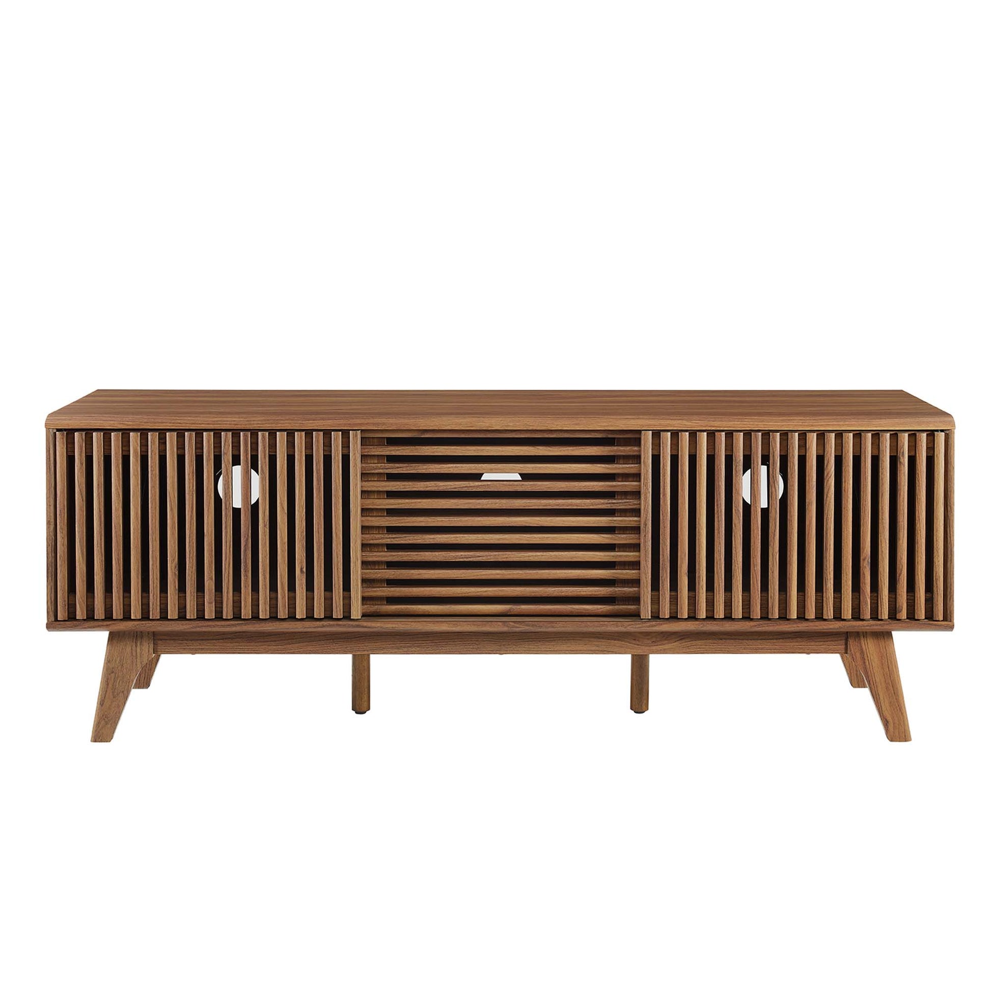 Walnut mid-century media console with vertical slat doors on ends, central horizontal slat drawer, angled legs.