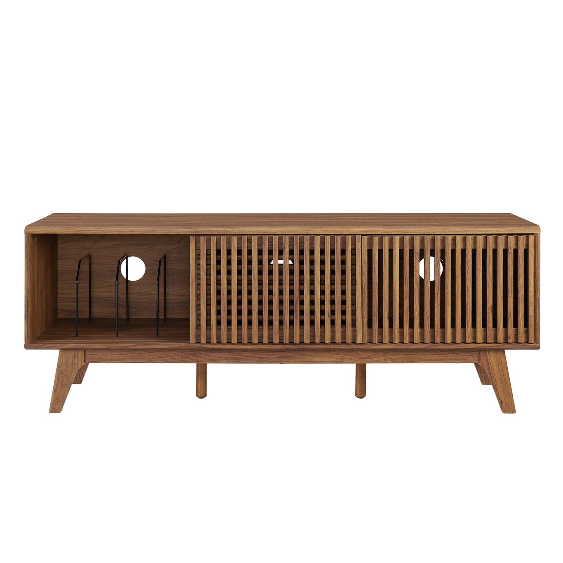 Walnut-finish mid-century TV stand with open left cubby and two slatted door sections on angled legs.