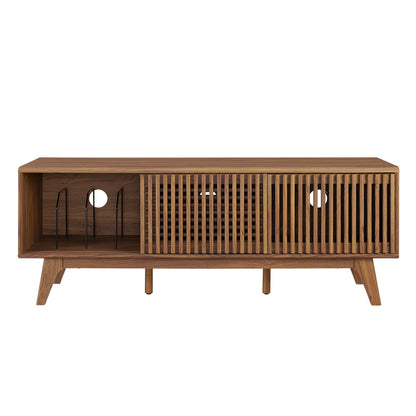 Walnut-finish mid-century TV stand with open left cubby and two slatted door sections on angled legs.