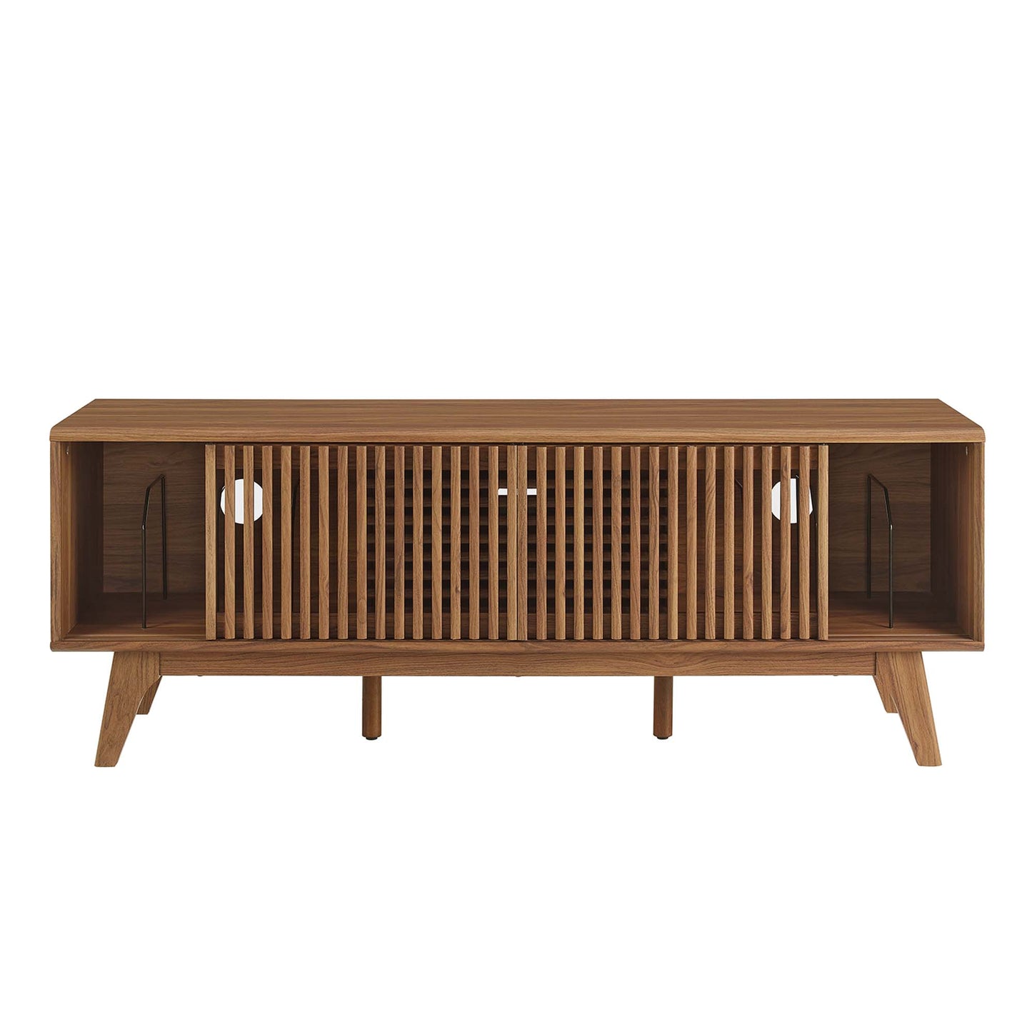 Walnut wood mid-century modern console with central slatted cabinet, side open compartments & angled tapered legs.