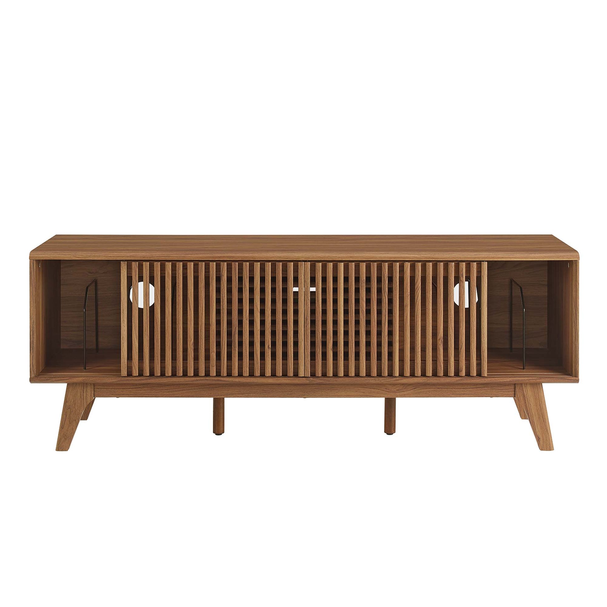 Walnut wood mid-century modern console with central slatted cabinet, side open compartments & angled tapered legs.