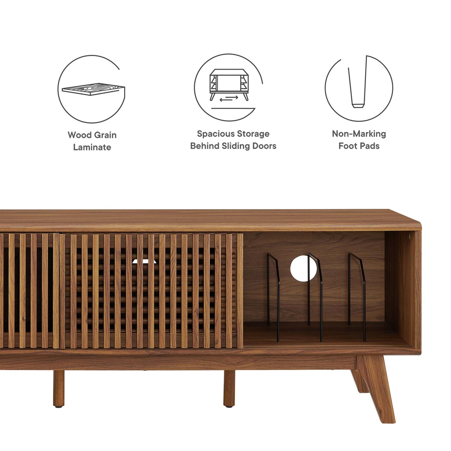 Walnut wood-grain media console with slatted left doors, open right storage and cable hole, modern tapered legs.