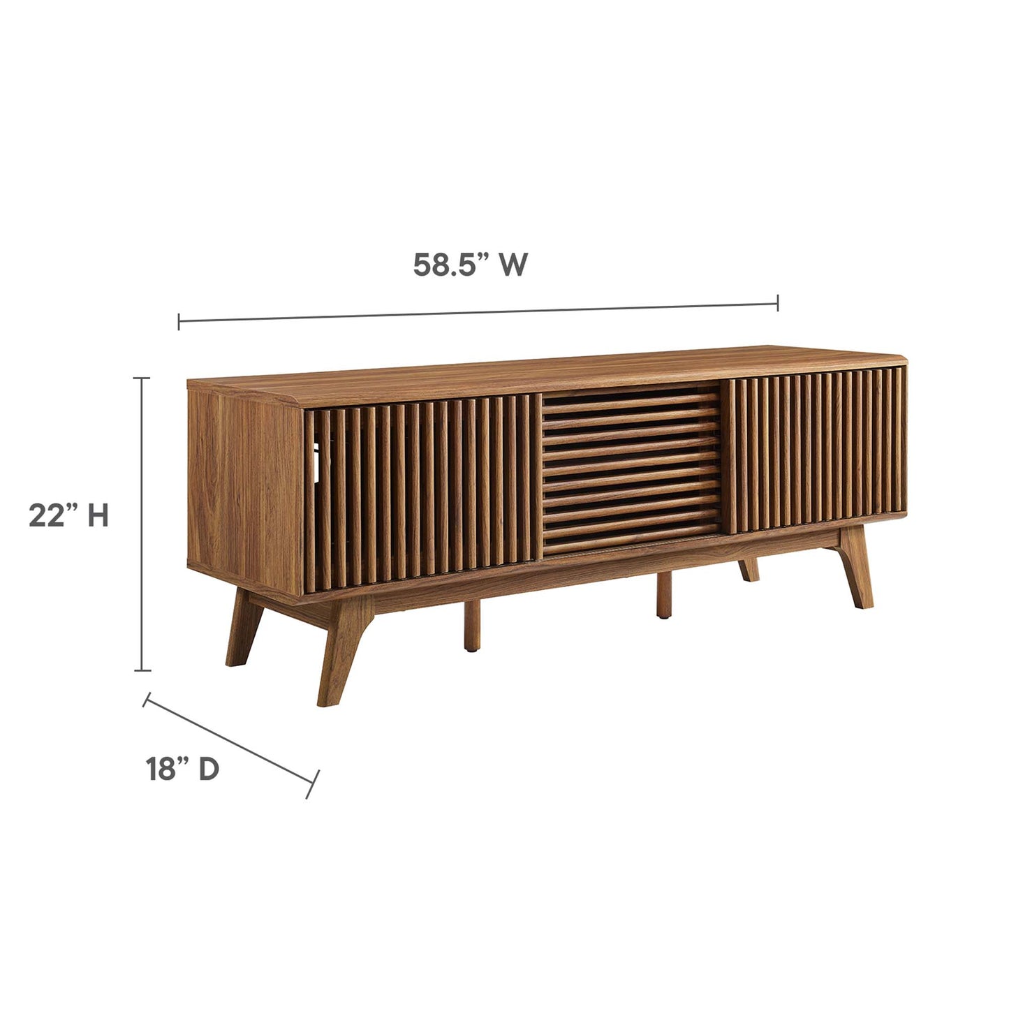 Walnut finish mid-century style TV stand with slatted doors and angled legs, 58.5W x 22H x 18D