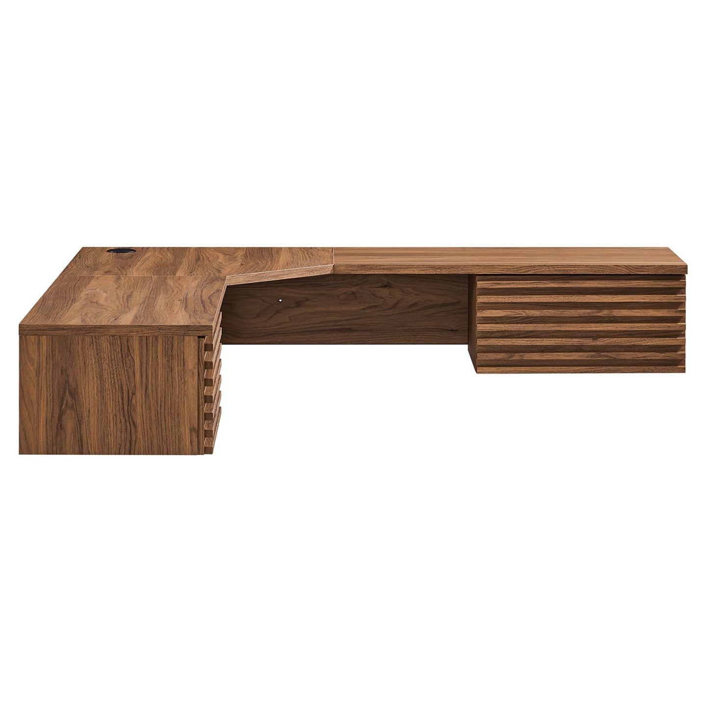 Walnut finish wall-mount corner desk with left cabinet, open center shelf, and right ribbed drawers.