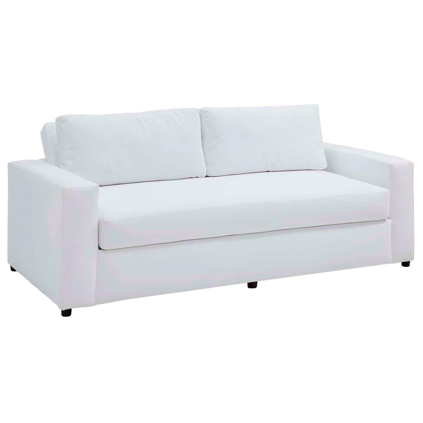 Dove White contemporary velvet sofa with square arms, plush back cushions, low legs.