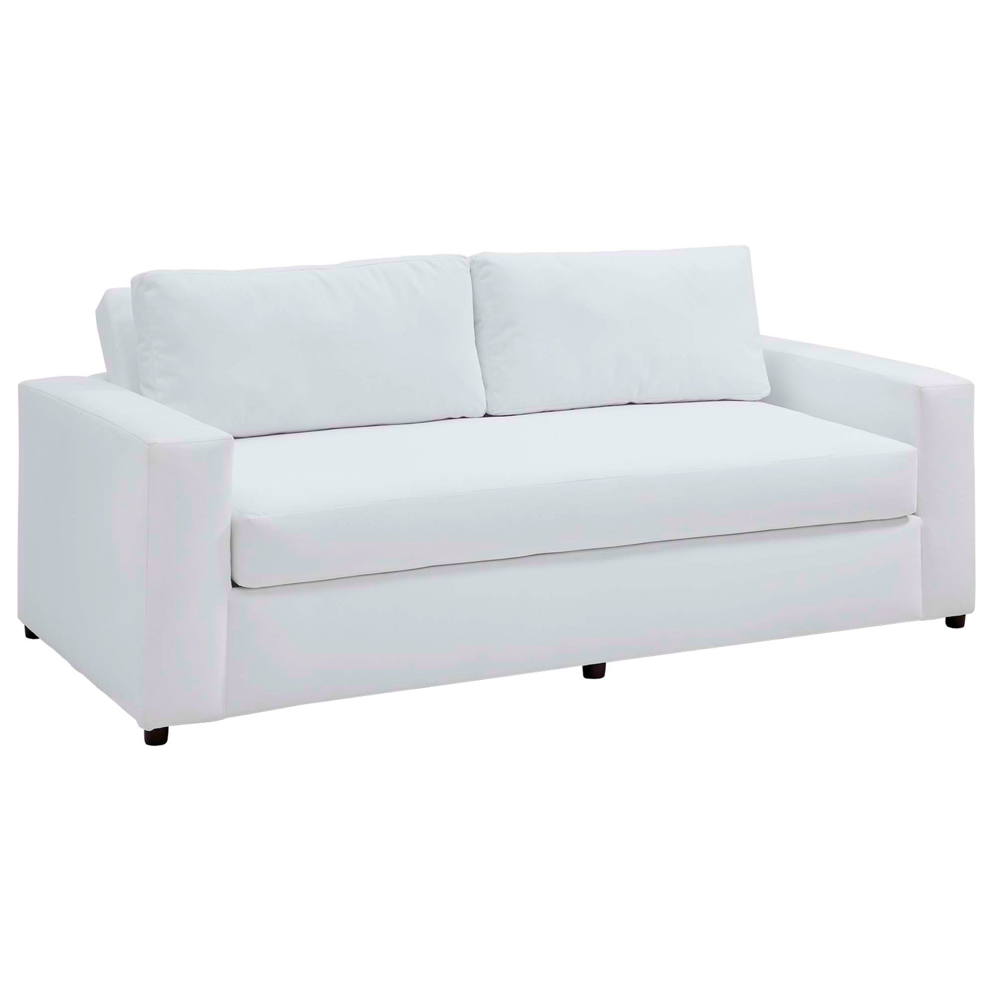 Dove White contemporary velvet sofa with square arms, plush back cushions, low legs.