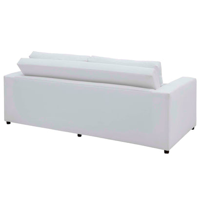 White modern sofa with straight arms, low back cushions, fabric upholstery, ideal for contemporary living rooms.