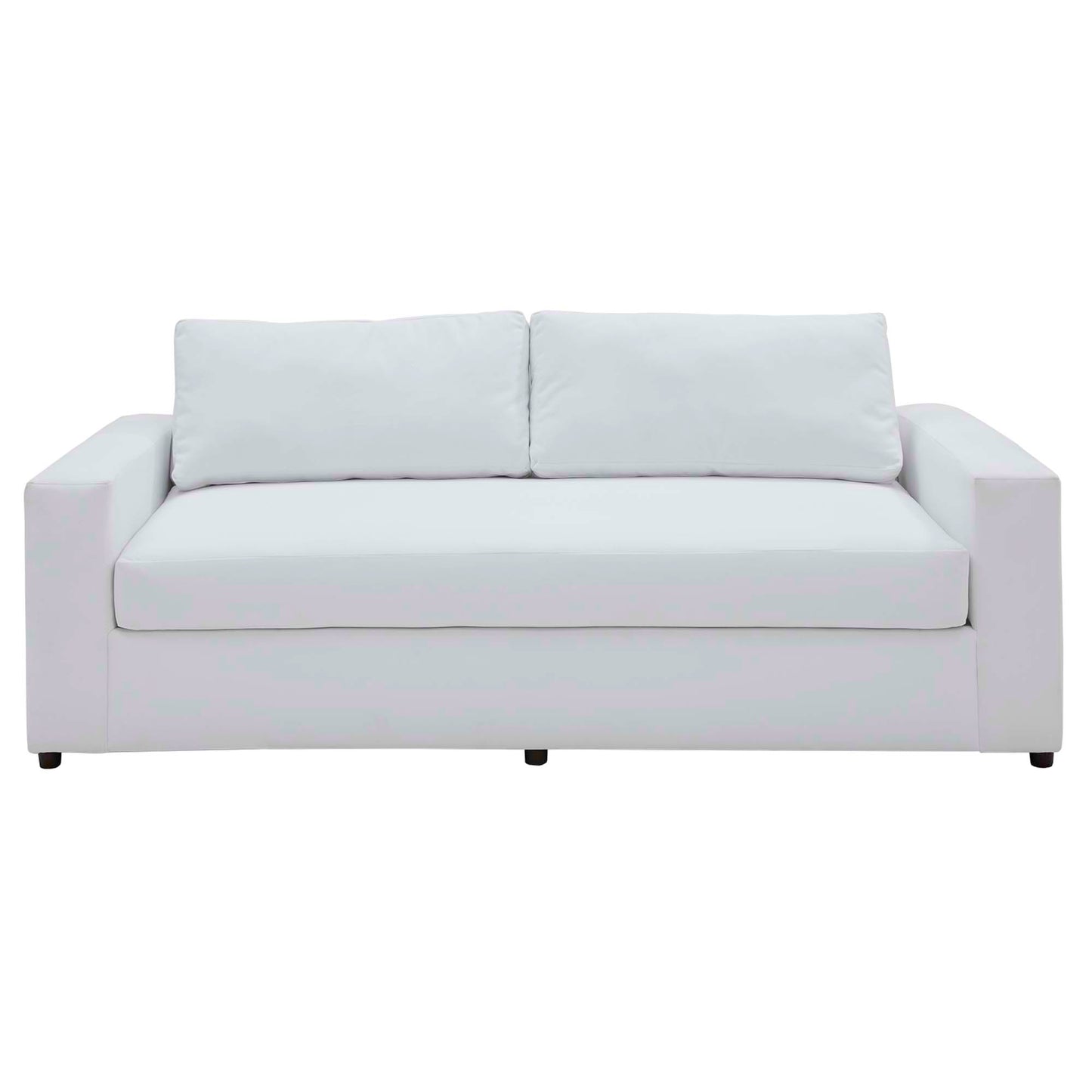 Dove White velvet sofa with square arms and two back cushions in a modern living room.