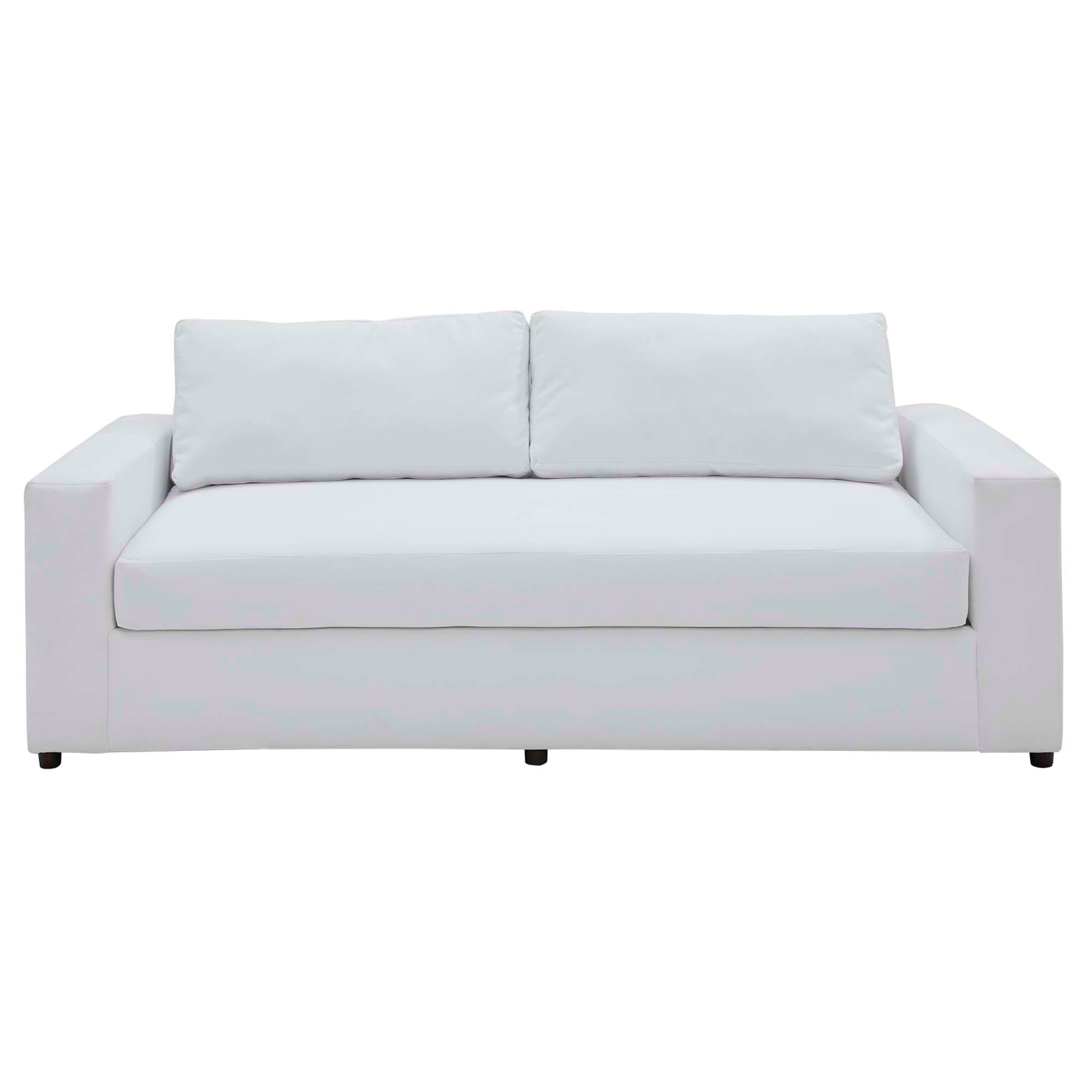 Dove White velvet sofa with square arms and two back cushions in a modern living room.