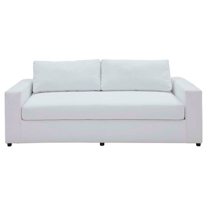 Dove White velvet sofa with square arms and two back cushions in a modern living room.