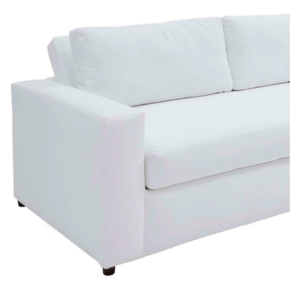 White velvet sofa with square arms, plush cushions & low dark feet in modern contemporary style.