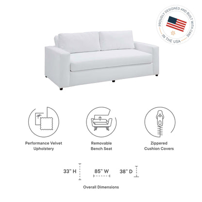 Dove White performance velvet sofa with two back cushions, modern square arms, removable bench seat, zippered cushion covers.