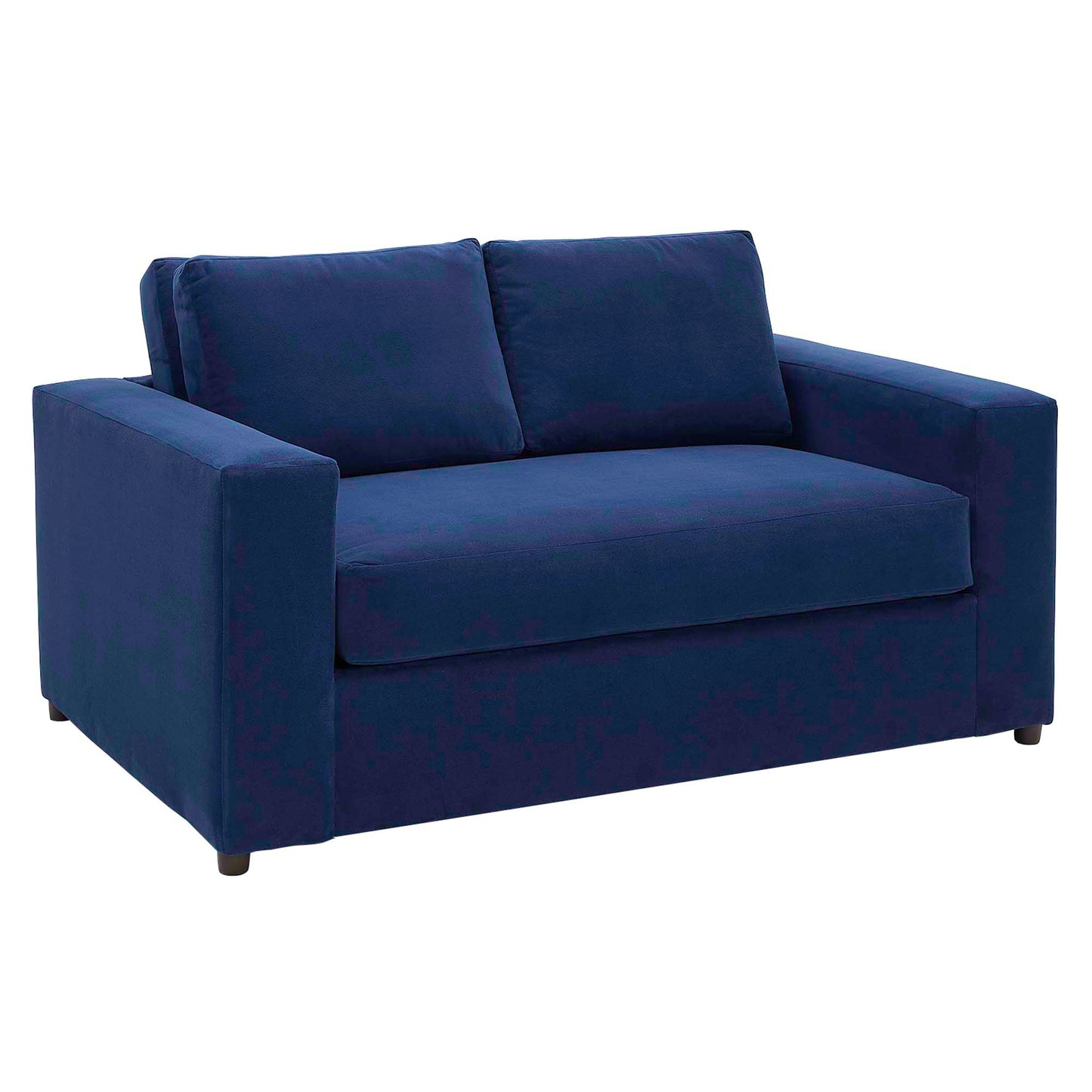 Deep navy velvet loveseat with square arms, two back cushions, compact modern style.