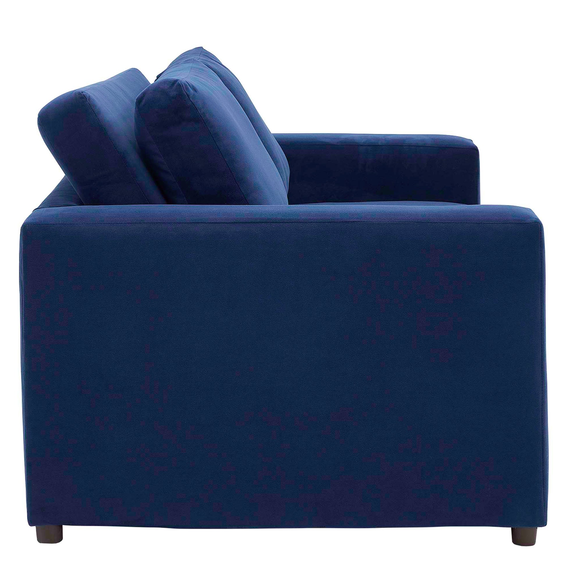 Deep navy velvet loveseat with square arms, plush back cushions, and short wooden legs.