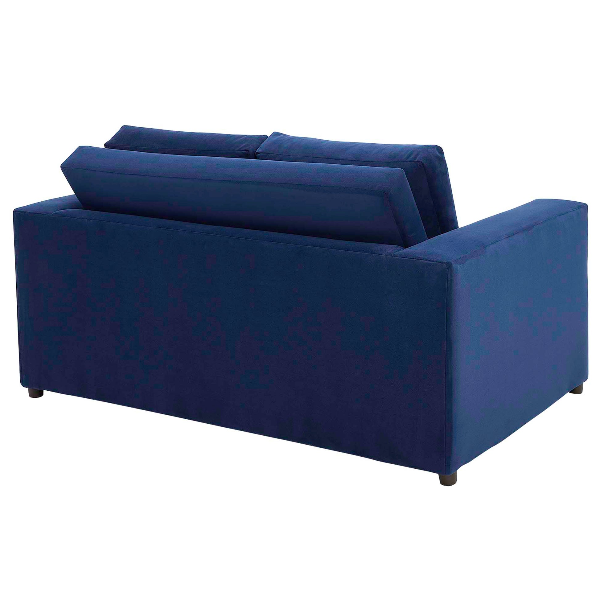 Navy blue modern loveseat with square arms, low back, two back cushions, upholstered in velvet fabric for compact living rooms.