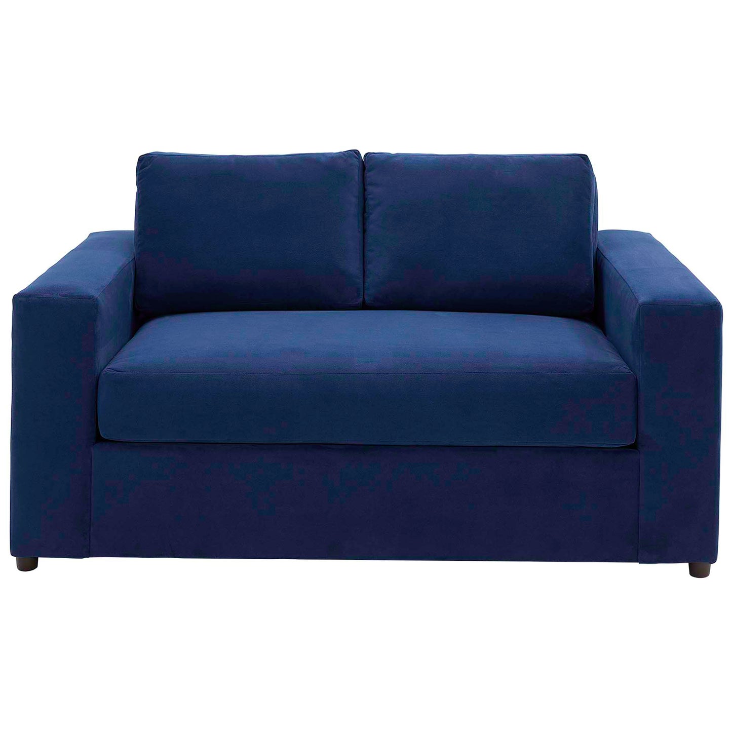 Deep navy velvet loveseat with two back cushions, wide square arms, and a sleek low-profile design.