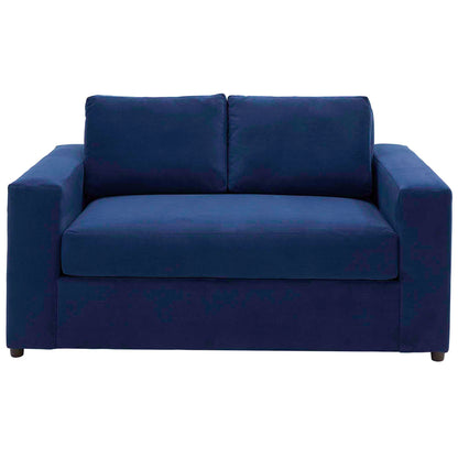 Deep navy velvet loveseat with two back cushions, wide square arms, and a sleek low-profile design.