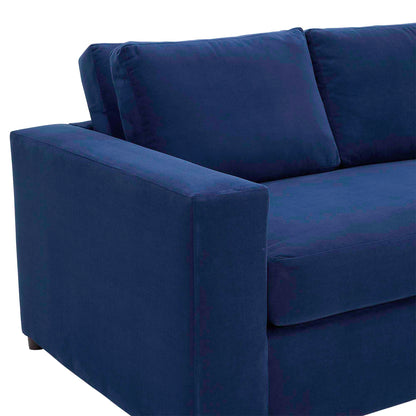 Navy velvet loveseat with straight arms, thick seat cushions & back cushions; modern, compact living room seating.