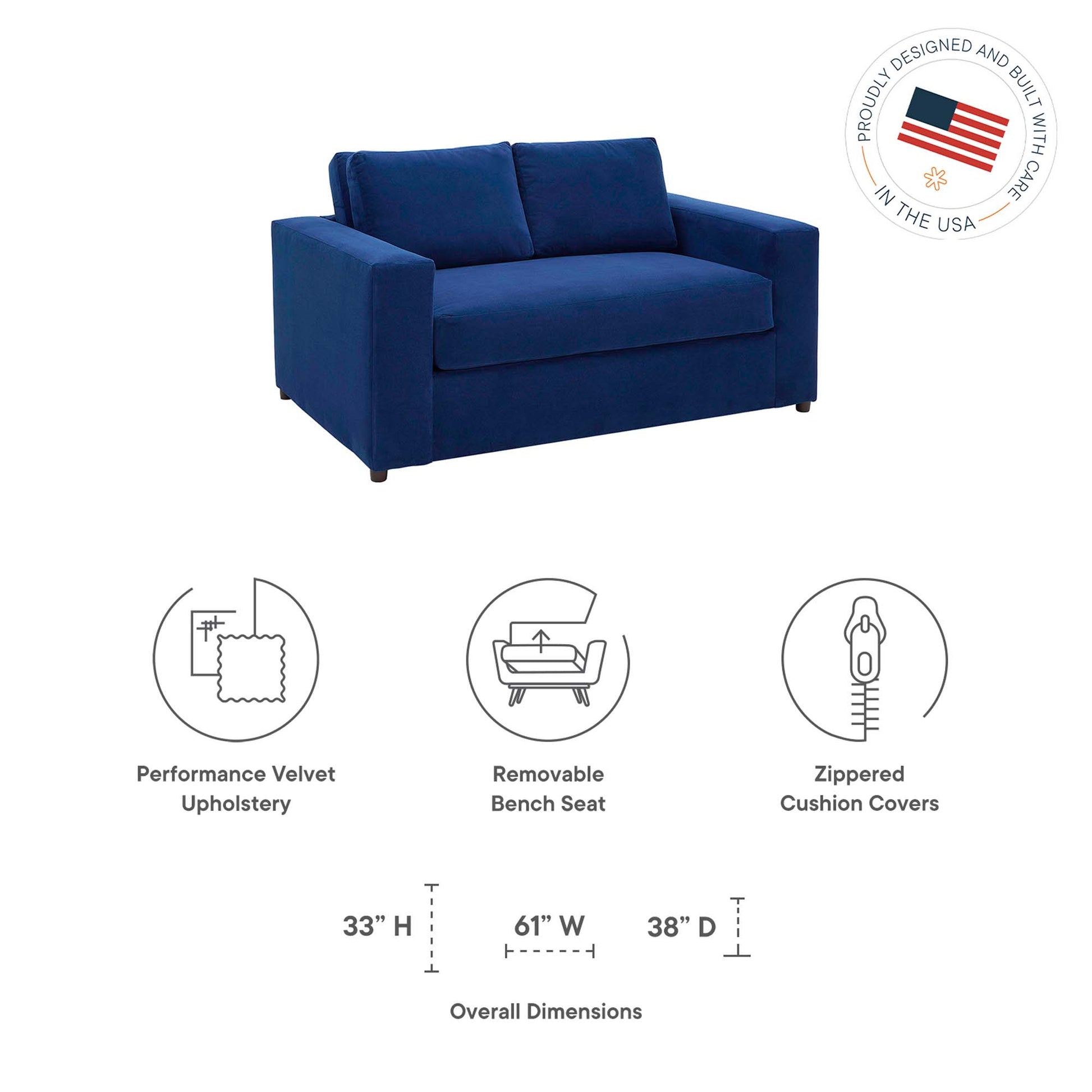 Blue performance velvet loveseat with removable bench seat and zippered cushions; modern rectangular arms, 61W x 38D x 33H.