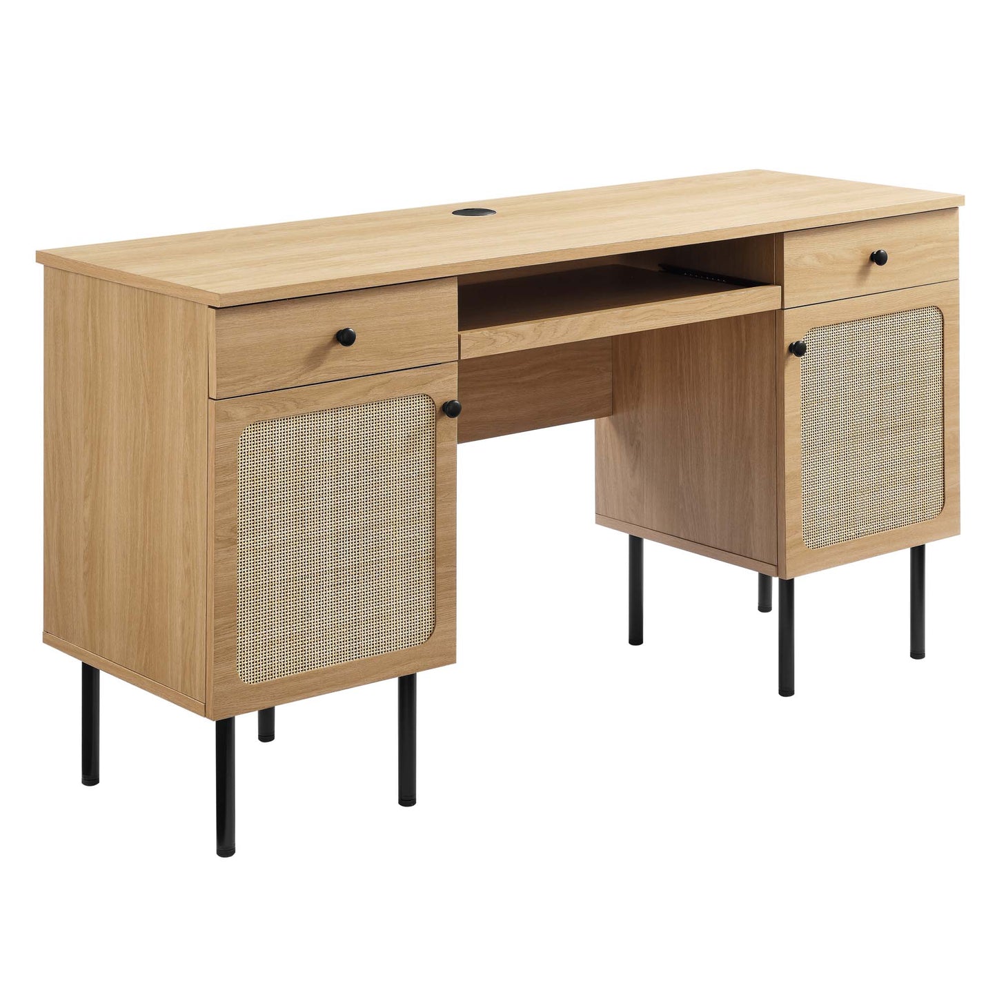 Oak desk with twin pedestals, woven cane cabinet doors, two drawers, central open shelf, cable grommet, black legs.