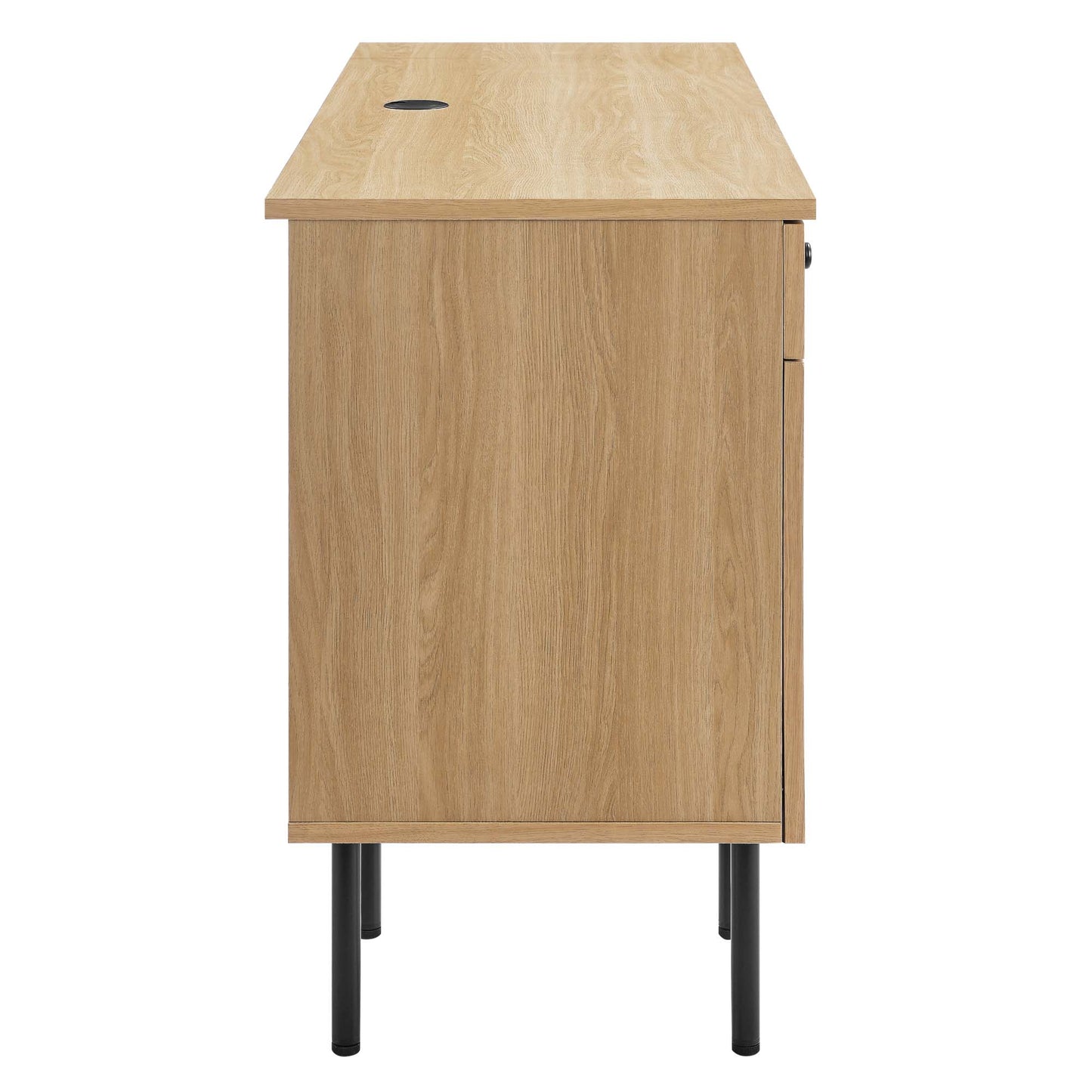 Oak veneer desk on black metal legs with top cable grommet & single door storage.