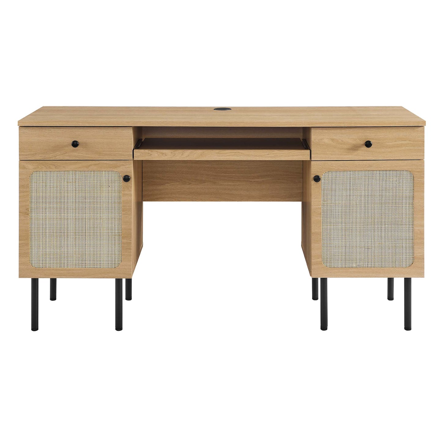 Oak wood desk with mid-century design: central drawer, two fabric-panel cabinets, black metal legs.