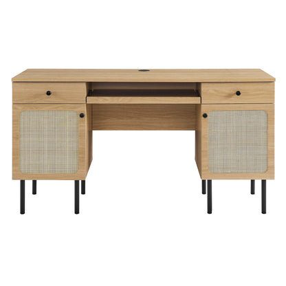 Oak wood desk with mid-century design: central drawer, two fabric-panel cabinets, black metal legs.