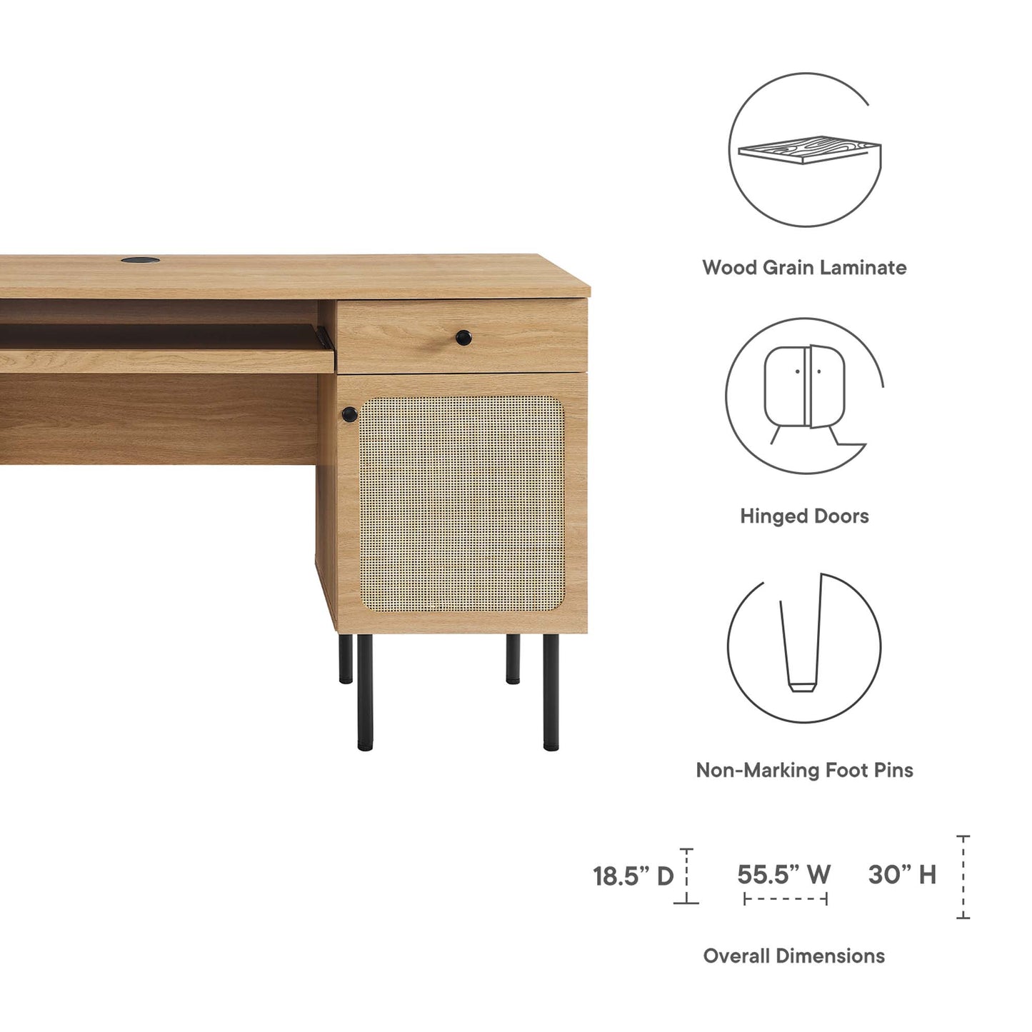 Oak wood-grain laminate desk with open shelf, hinged cabinet door with woven panel, and black metal legs.