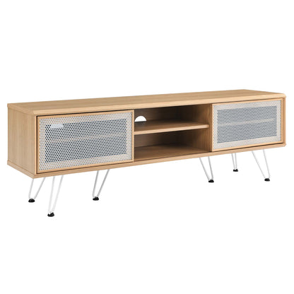 Oak wood TV stand with perforated metal mesh doors, open center shelves, and white hairpin legs.