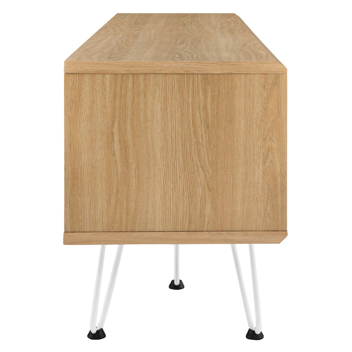Oak finish TV stand with white hairpin legs and black feet.